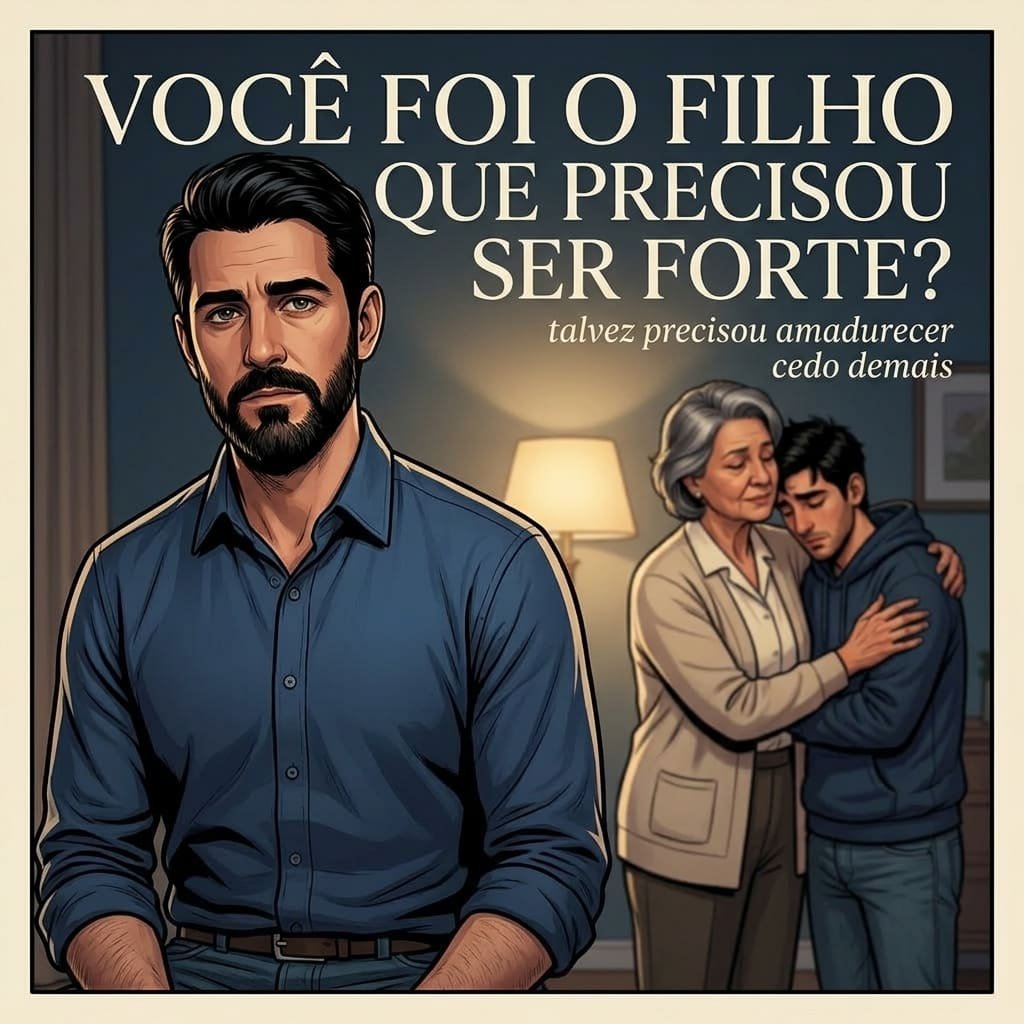homem adulto que precisou ser forte desde criança, mãe abraçando o irmão ao fundo"; imagens 2-6 "diálogo terapêutico sobre parentificação infantil e ferida emocional da injustiça"; imagem 7 "Cristiano Brasil, terapeuta em Araranguá, oferecendo orientação gratuita pelo WhatsApp"