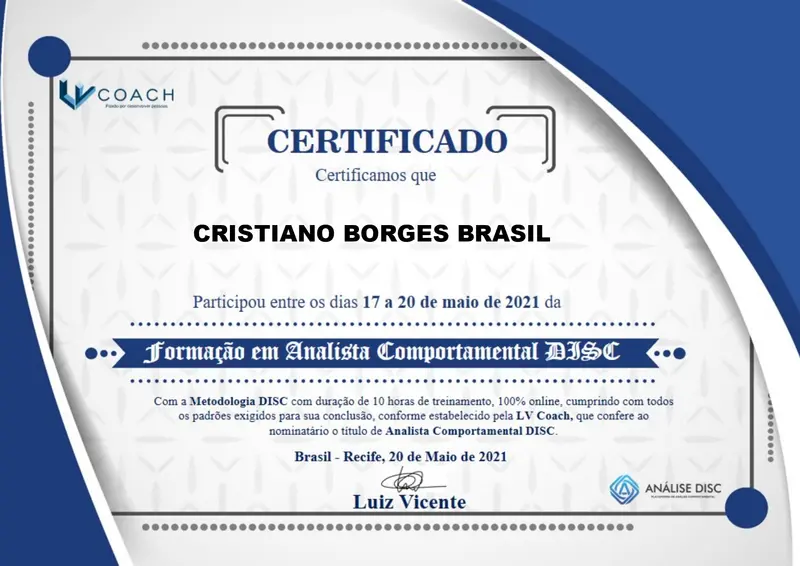 Formação em Analista Comportamental - Método DISC - Luiz Vicente - certificado de Cristiano Brasil