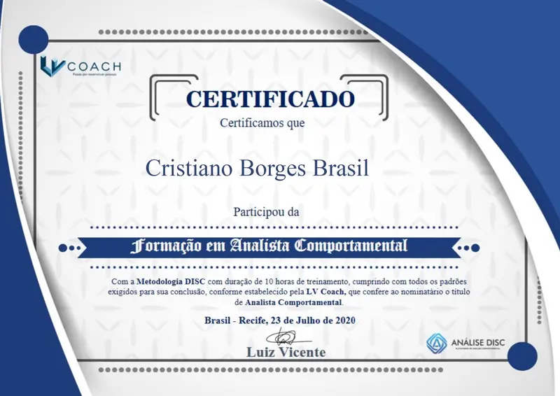 Formação em Analista Comportamental - Método DISC - Luiz Vicente - certificado de Cristiano Brasil