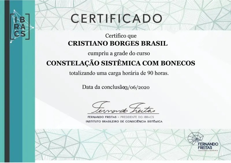 Constelação Sistêmica com Bonecos - IBRACIS - Fernando Freitas - certificado de Cristiano Brasil