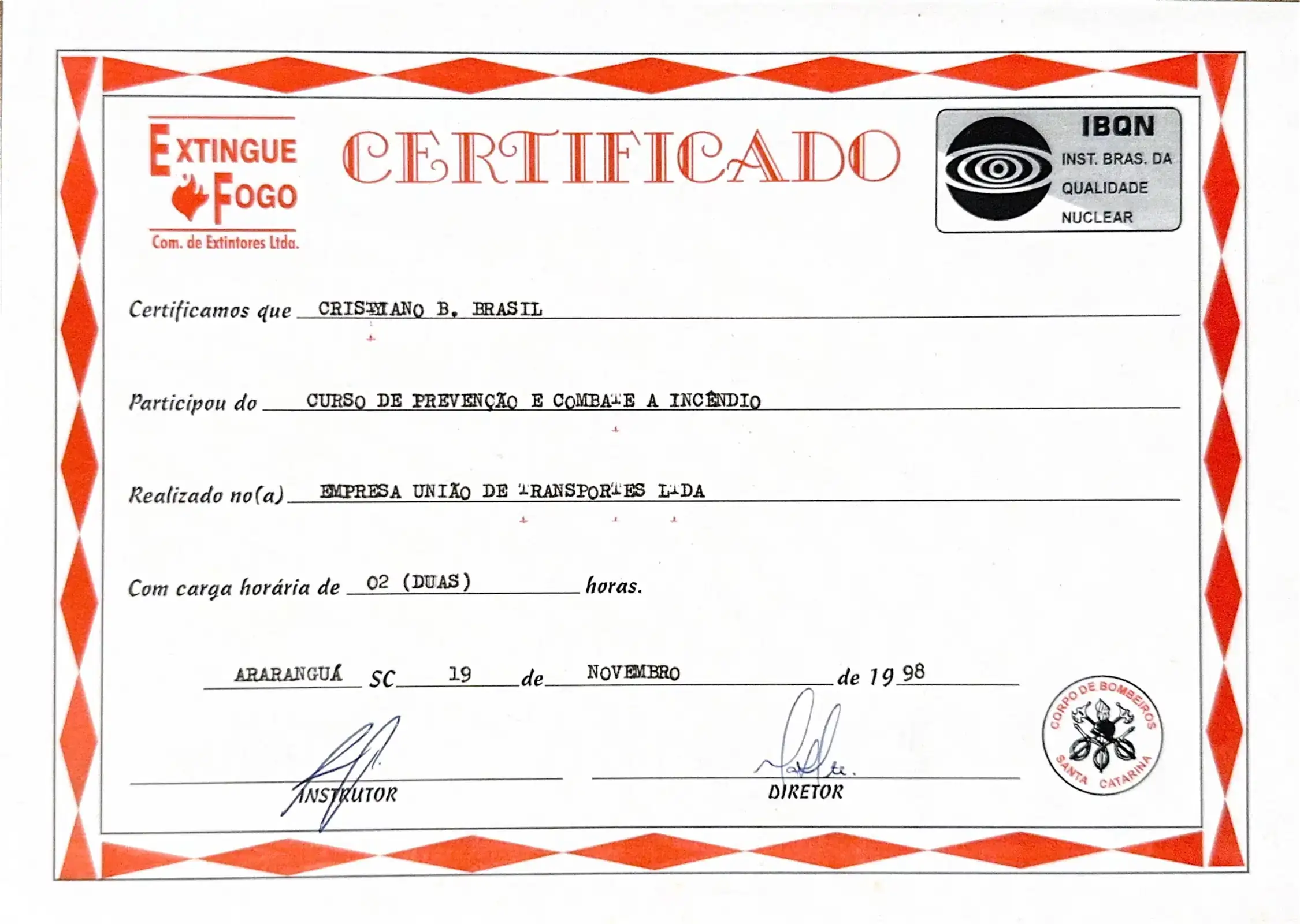 Prevenção e Combate a Incêndio - Extingue Fogo - certificado de Cristiano Brasil