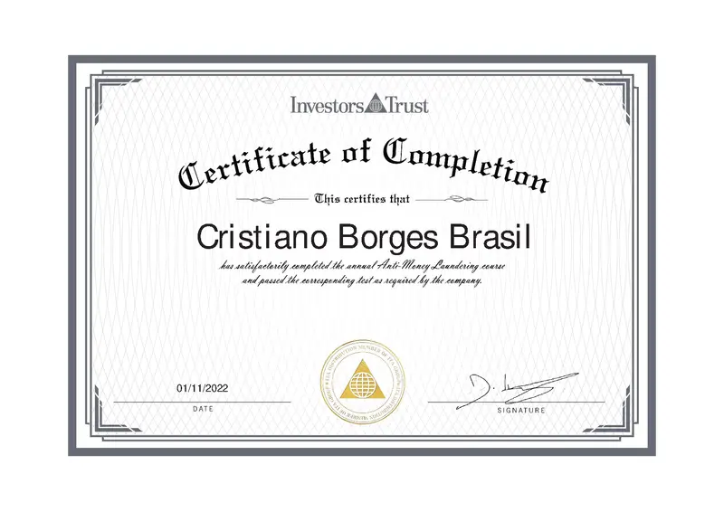AML Certification · Prevenção à Lavagem de Dinheiro - Investors Trust - EUA - certificado de Cristiano Brasil