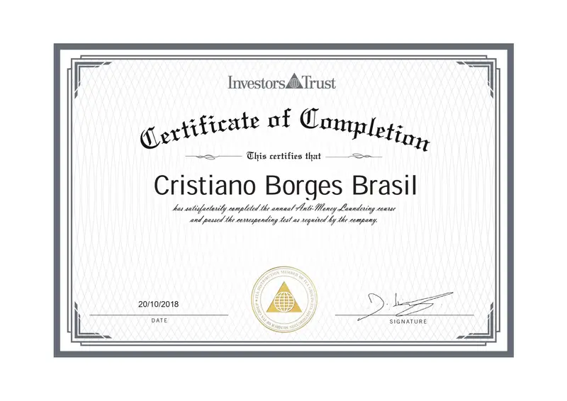 AML Certification · Prevenção à Lavagem de Dinheiro - Investors Trust - EUA - certificado de Cristiano Brasil