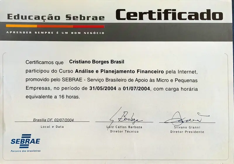 Análise e Planejamento Financeiro - SEBRAE - certificado de Cristiano Brasil