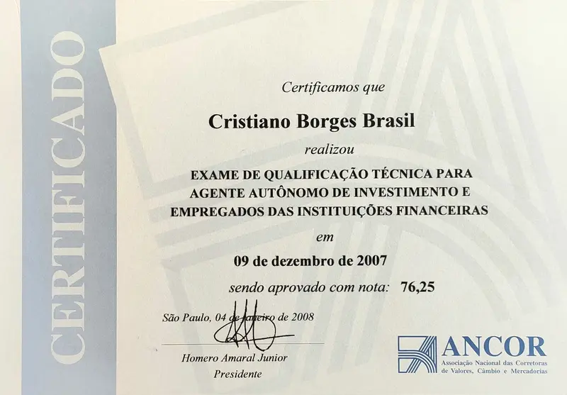 Exame de Qualificação Técnica para Agente Autônomo de Investimentos - ANCOR - certificado de Cristiano Brasil