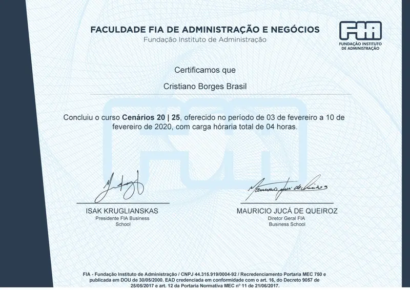 Cenários Econômicos 2020–2025 - Faculdade FIA de Administração e Negócios - certificado de Cristiano Brasil