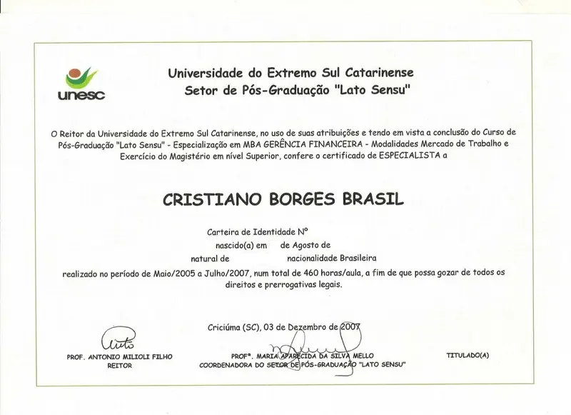 Pós-graduação em Gestão Financeira - UNESC - certificado de Cristiano Brasil