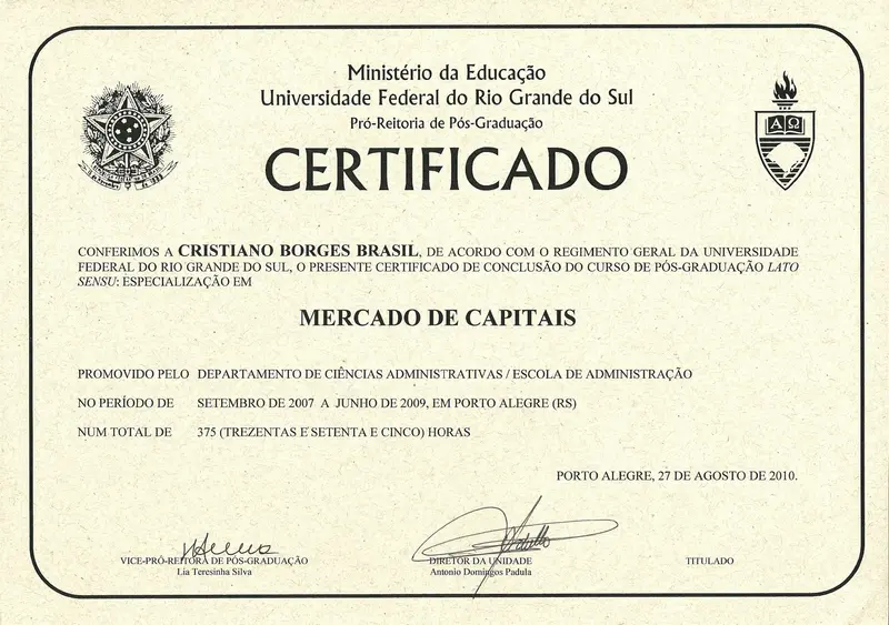 Pós-graduação em Mercado de Capitais - UFRGS - certificado de Cristiano Brasil