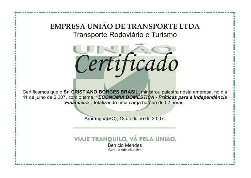 Palestra: Economia Doméstica · Finanças - Empresa União de Transportes - certificado de Cristiano Brasil
