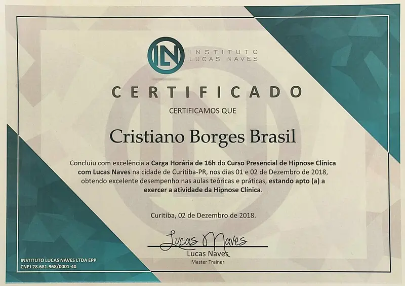 Hipnose Clínica - Lucas Naves - certificado de Cristiano Brasil