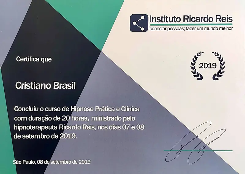 Hipnose Prática e Clínica - Ricardo Reis - certificado de Cristiano Brasil