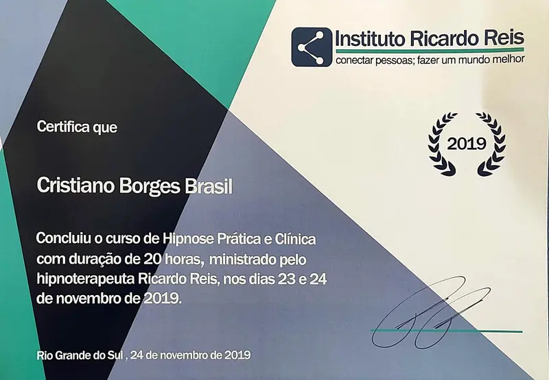 Hipnose Prática e Clínica - Ricardo Reis - certificado de Cristiano Brasil