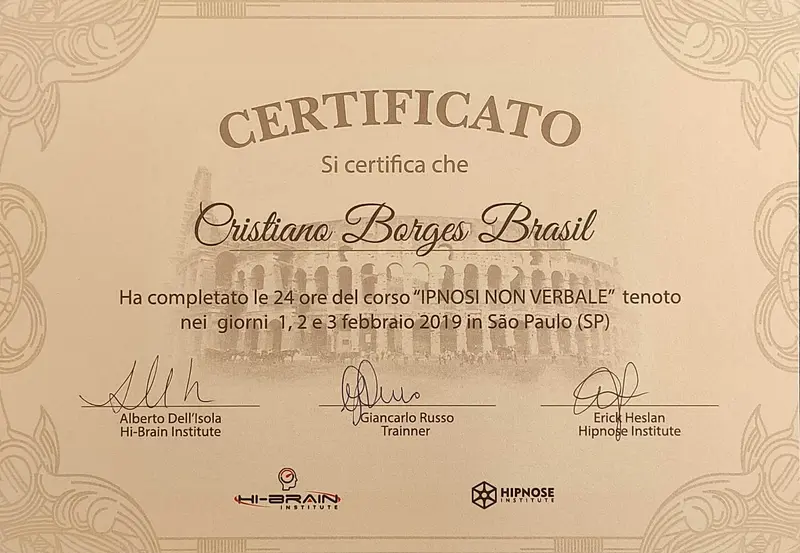 Hipnose Não Verbal · Itália - Giancarlo Russo - Hi-Brain Institute e Hipnose Institute - certificado de Cristiano Brasil