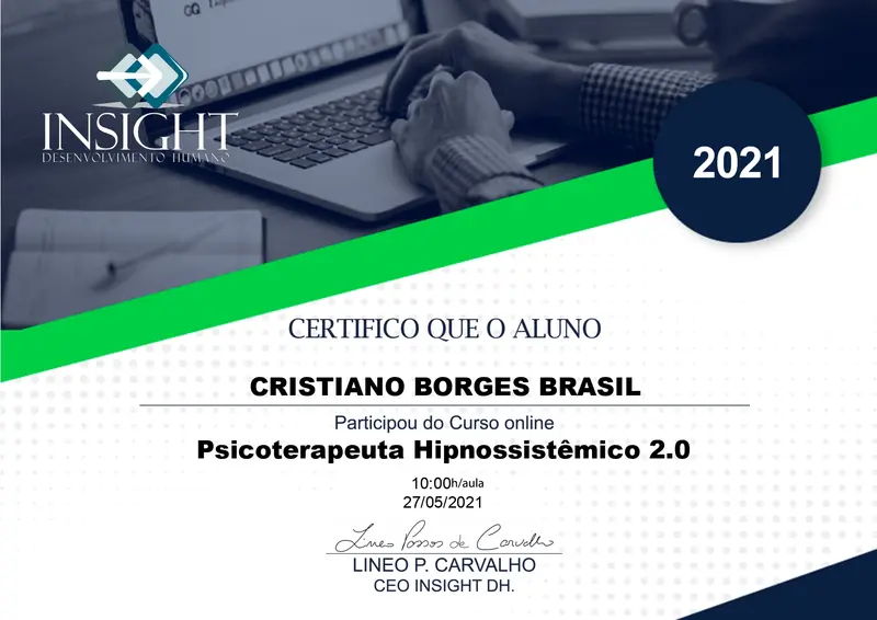 Psicoterapeuta Hipnossistêmico - Lieno Carvalho - Insight Desenvolvimento Humano - certificado de Cristiano Brasil