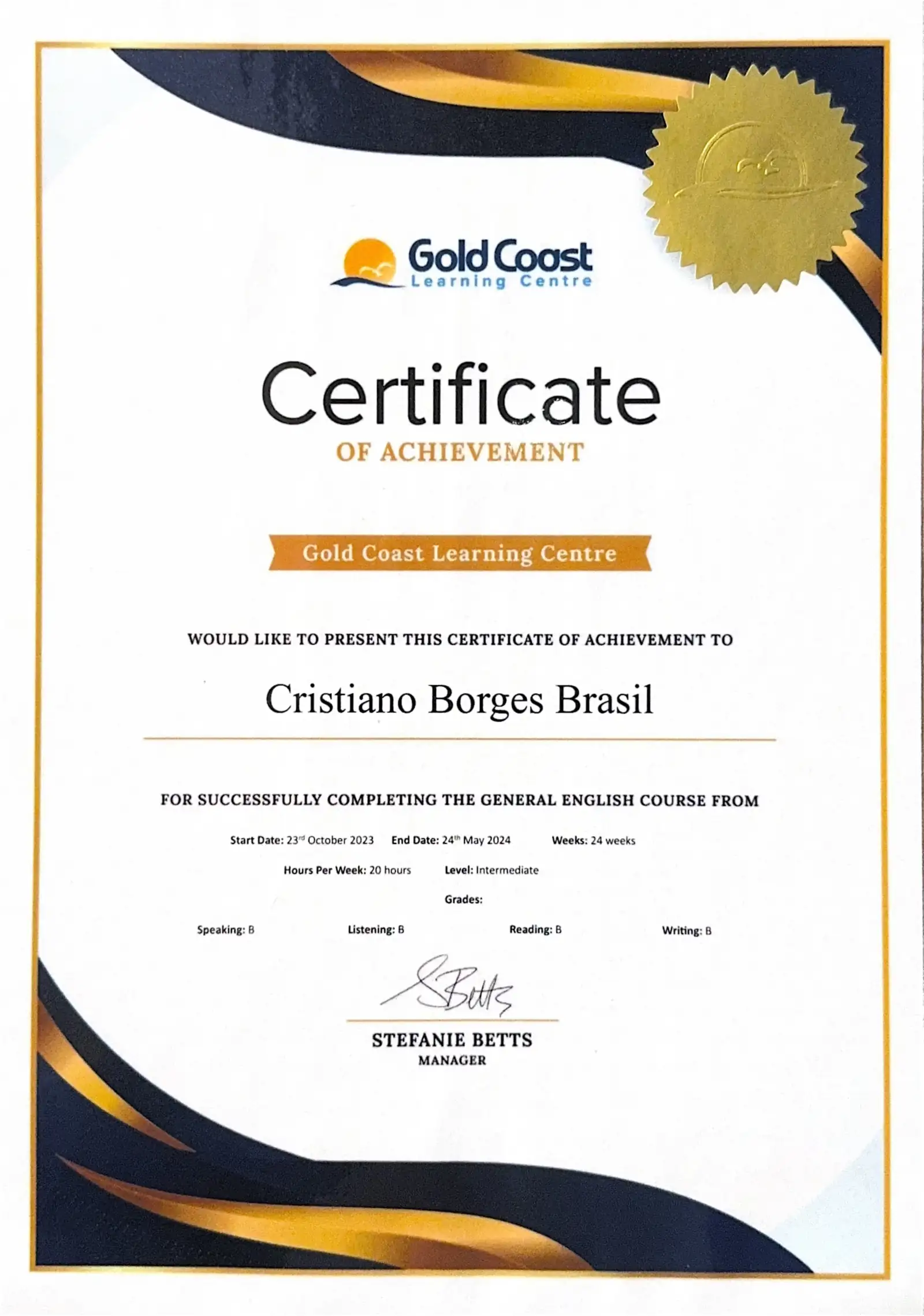 Certificado Inglês · Nível INTERMEDIATE · Austrália - Gold Coast Learning Centre - certificado de Cristiano Brasil