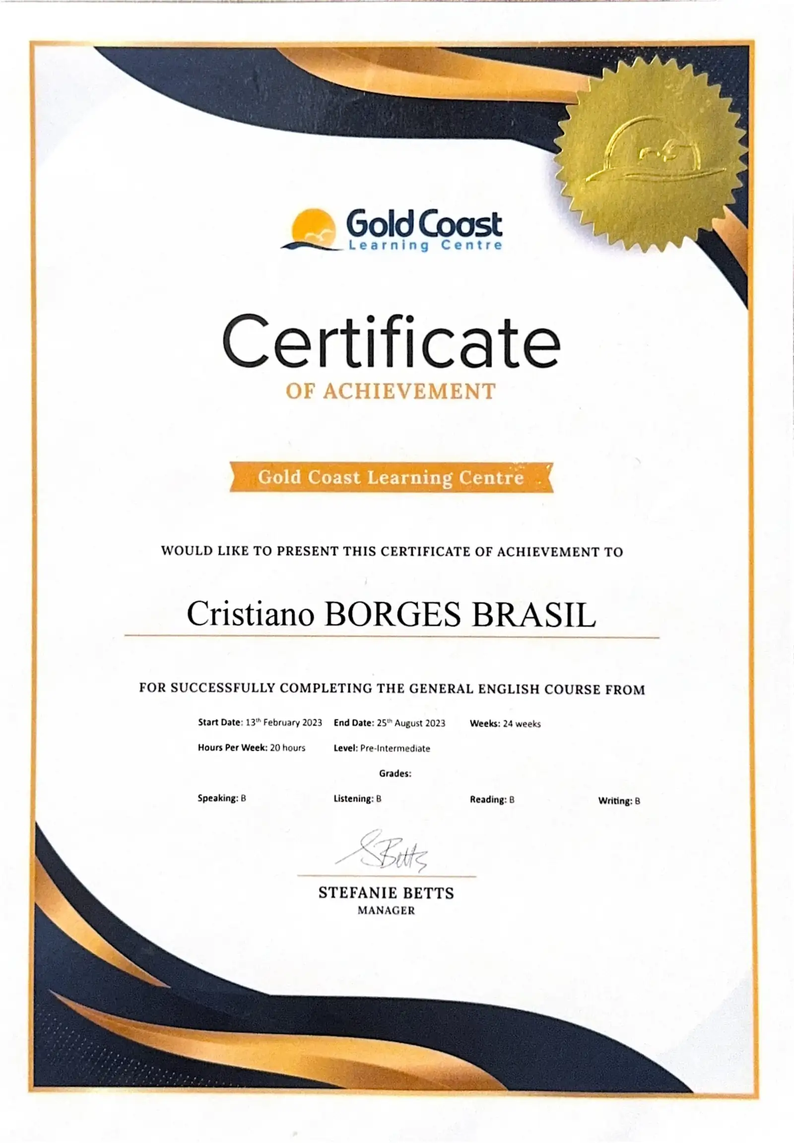 Certificado Inglês · Nível PRE-INTERMEDIATE · Austrália - Gold Coast Learning Centre - certificado de Cristiano Brasil