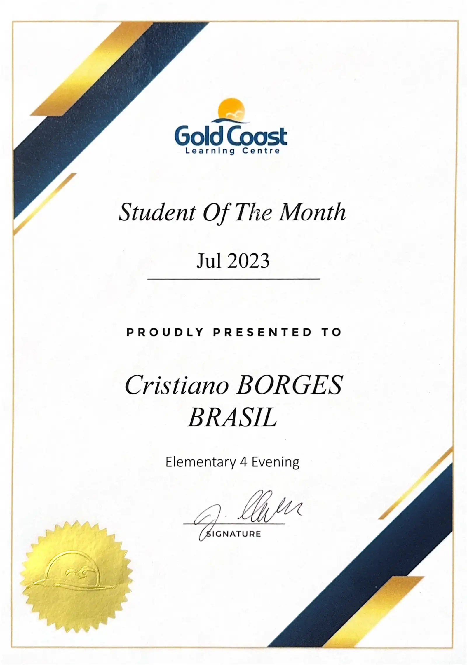 Premiação Estudante do Mês · Julho 2023 · Austrália - Gold Coast Learning Centre - certificado de Cristiano Brasil