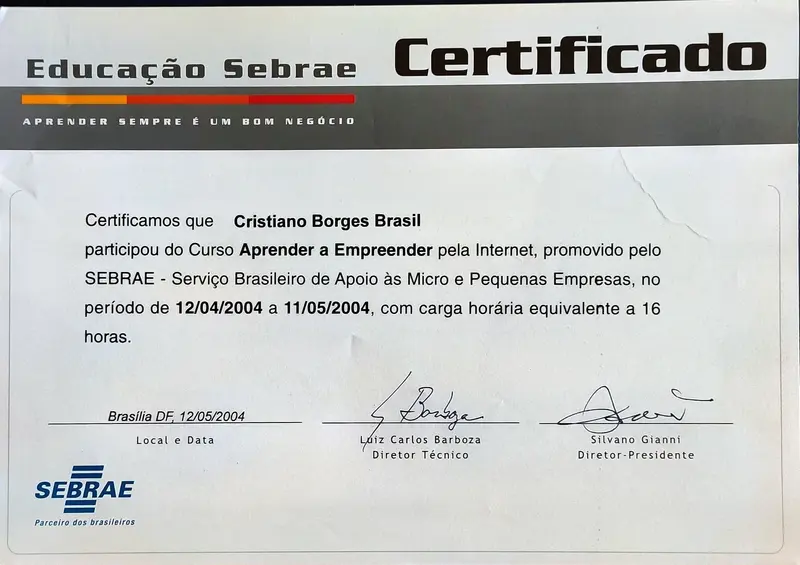 Aprender a Empreender pela Internet - SEBRAE - certificado de Cristiano Brasil