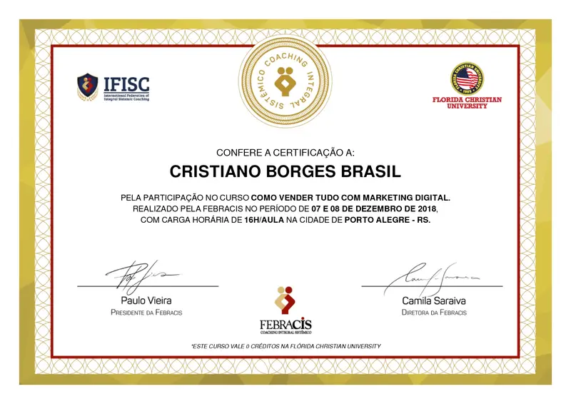 Como Vender Tudo com Marketing Digital - Paulo Vieira - FEBRACIS - certificado de Cristiano Brasil