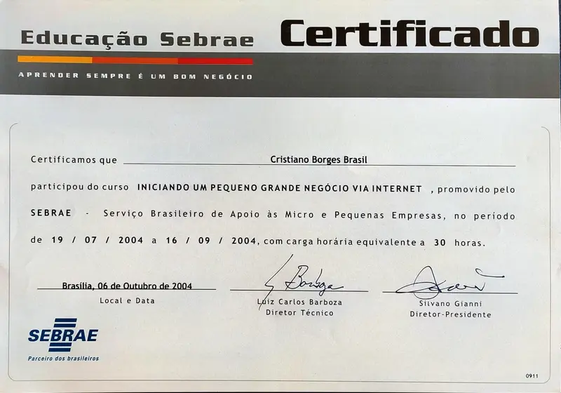 Iniciando um Pequeno Grande Negócio via Internet - SEBRAE - certificado de Cristiano Brasil