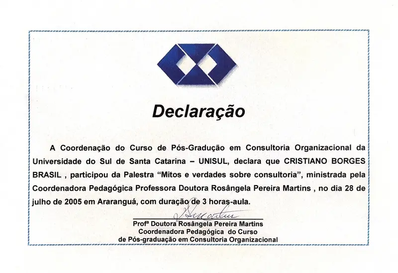Participação em Palestra – Mitos e Verdades - UNISUL - certificado de Cristiano Brasil