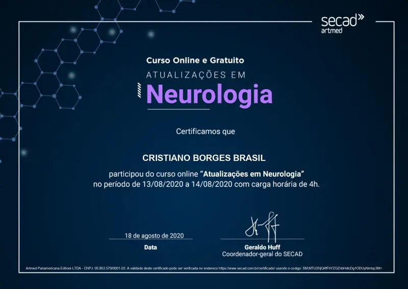 Atualização em Neurologia - Neurociência - SECAD - Geraldo Huff - certificado de Cristiano Brasil