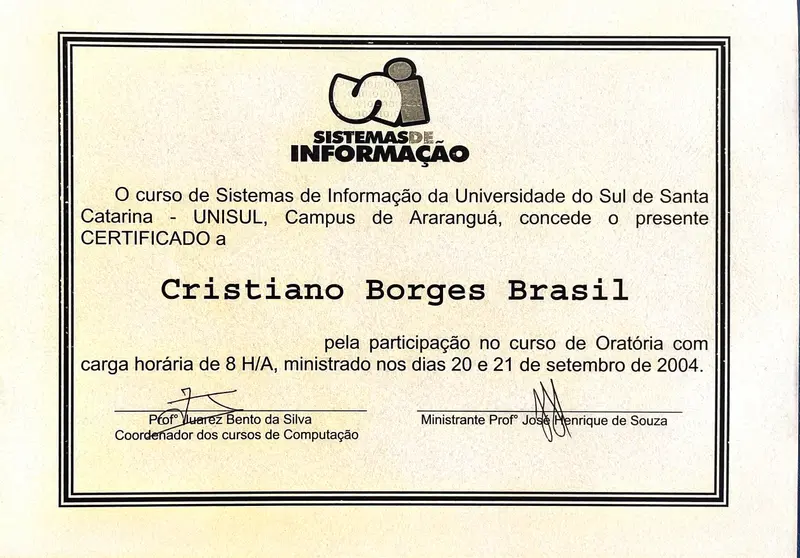 Curso de Oratória - UNISUL - certificado de Cristiano Brasil