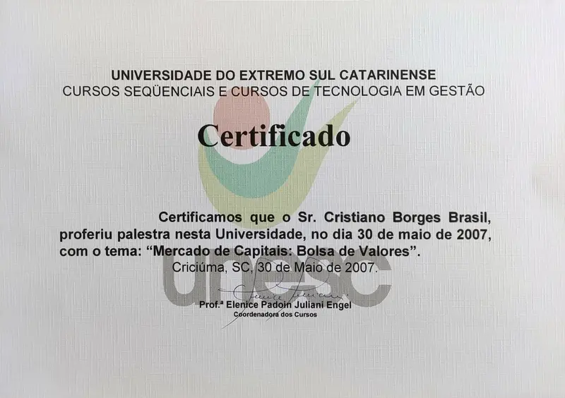 Declaração de Palestra Ministrada - UNESC - certificado de Cristiano Brasil