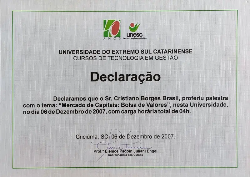 Palestra: Mercado de Capitais: Bolsa de Valores - UNESC - certificado de Cristiano Brasil