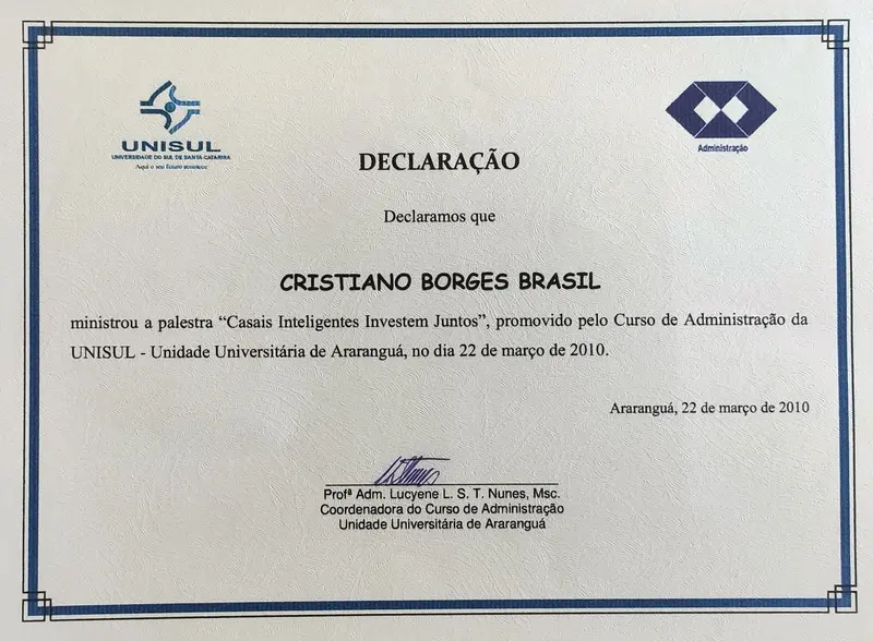Palestra: Casais Inteligentes Investem Juntos - UNISUL - certificado de Cristiano Brasil