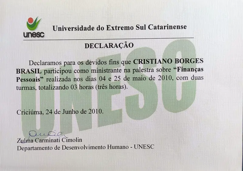 Palestra: Finanças Pessoais - UNESC - certificado de Cristiano Brasil