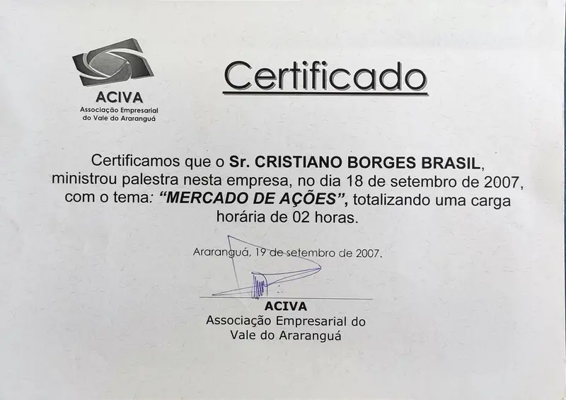 Palestra: Mercado de Ações - ACIVA - certificado de Cristiano Brasil