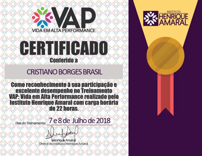 VAP - Vida em Alta Performance - Instituto Henrique Amaral - certificado de Cristiano Brasil