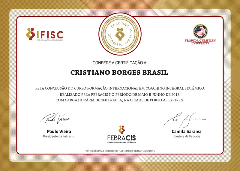 Coach Integral Sistêmico Internacional - Paulo Vieira - FEBRACIS - certificado de Cristiano Brasil