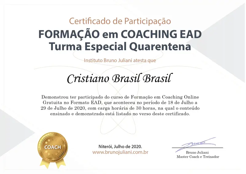 Formação em Coaching - Instituto Bruno Juliani - certificado de Cristiano Brasil