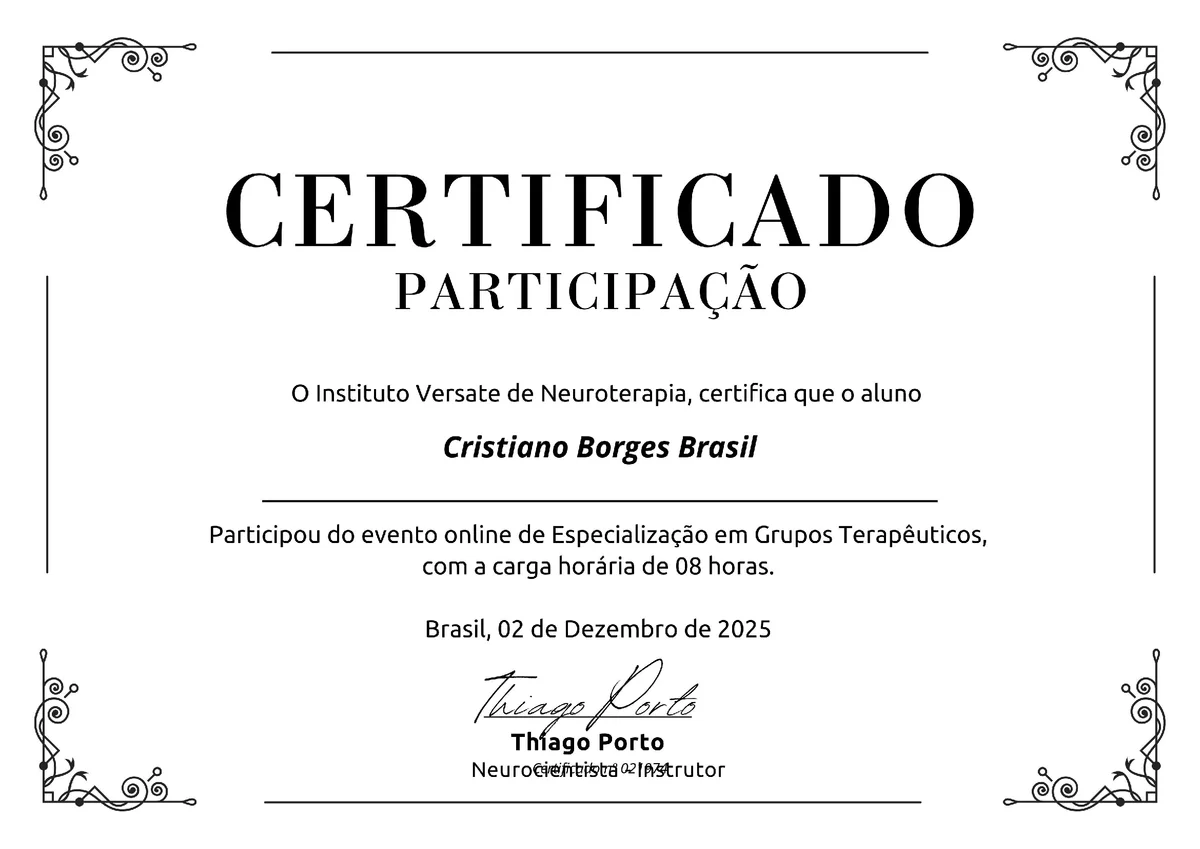 Especialização em Grupos Terapêuticos - Thiago Porto - certificado de Cristiano Brasil
