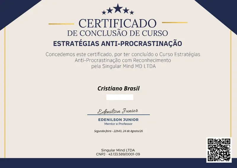 Estratégias Anti Procrastinação - Singular Mind - certificado de Cristiano Brasil