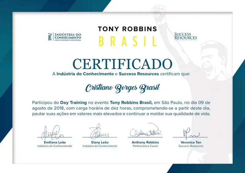 Day Training Tony Robbins - Industria do Conhecimento e Success Resources - certificado de Cristiano Brasil