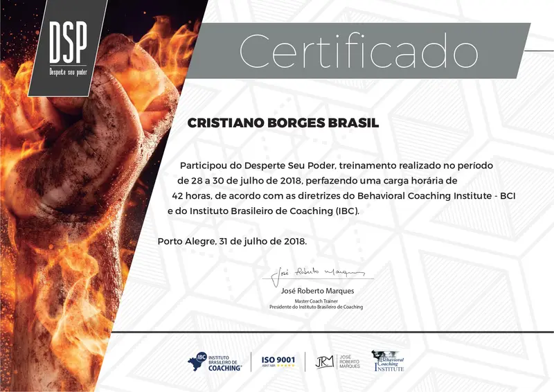 Desperte Seu Poder - DSP - IBC - José Roberto Marques - certificado de Cristiano Brasil