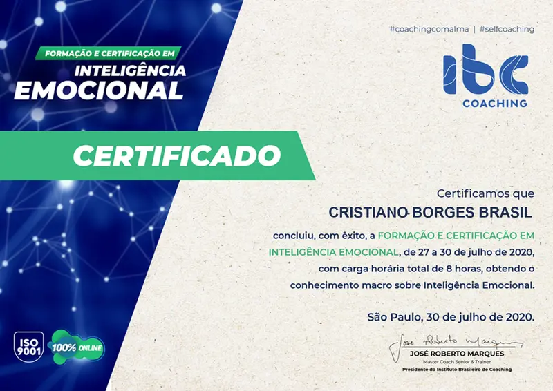 Inteligência Emocional - IBC - José Roberto Marques - certificado de Cristiano Brasil