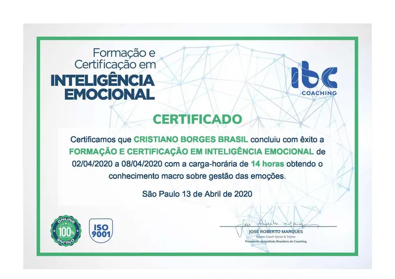 Inteligência Emocional - IBC - José Roberto Marques - certificado de Cristiano Brasil
