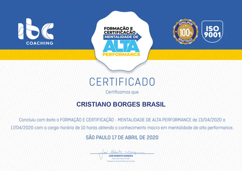 Mentalidade de Alta Performance - IBC - José Roberto Marques - certificado de Cristiano Brasil