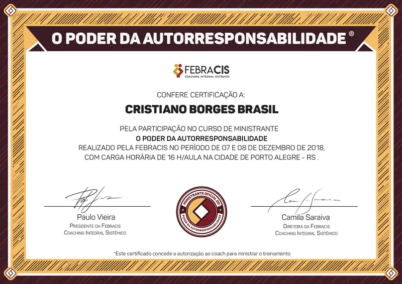 O Poder da Autorresponsabilidade - Paulo Vieira - FEBRACIS - certificado de Cristiano Brasil