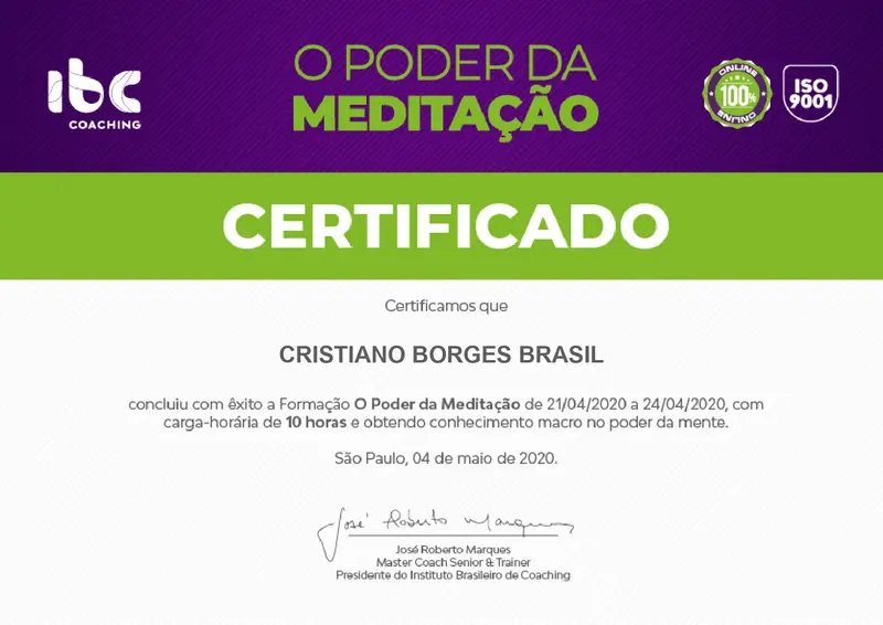 O Poder da Meditação - IBC - José Roberto Marques - certificado de Cristiano Brasil
