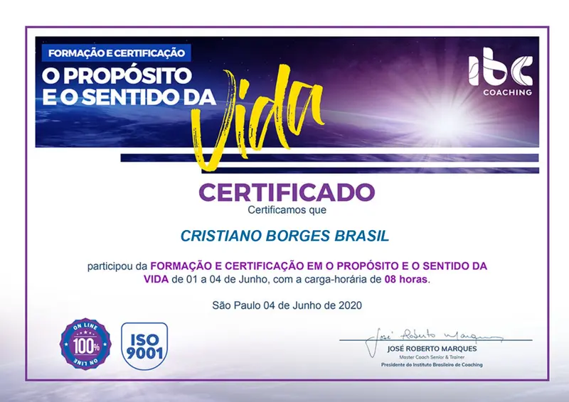 O Propósito e Sentido da Vida - IBC - José Roberto Marques - certificado de Cristiano Brasil