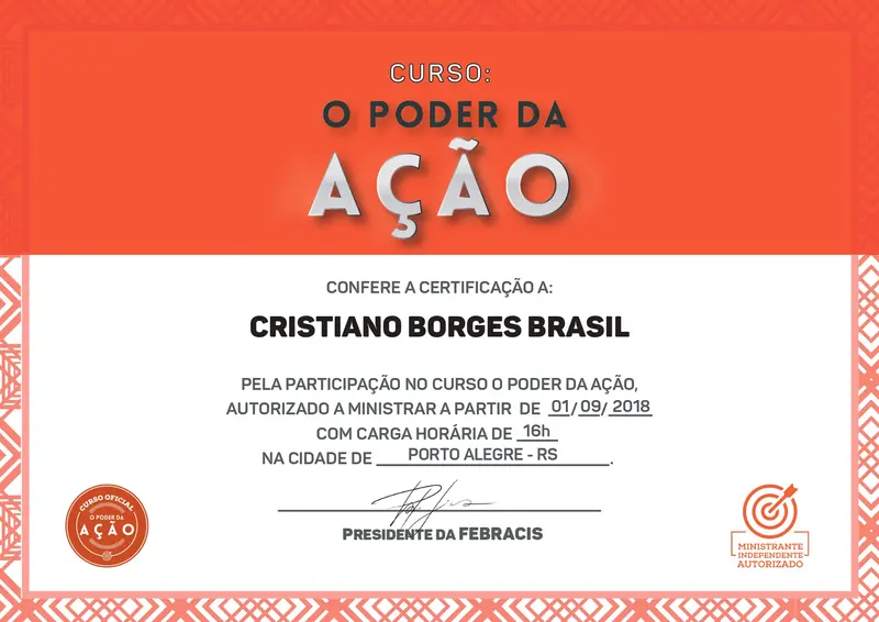 Poder da Ação - Paulo Vieira - FEBRACIS - certificado de Cristiano Brasil