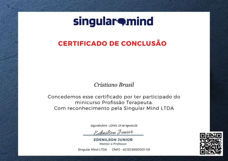Profissão Terapeuta - Singular Mind - certificado de Cristiano Brasil