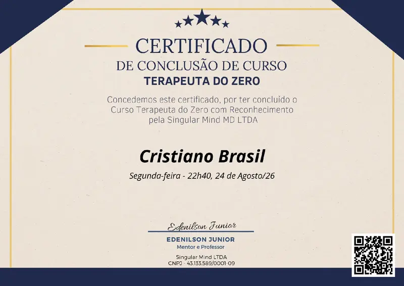 Terapeuta do Zero ao Reconhecimento - Singular Mind - certificado de Cristiano Brasil