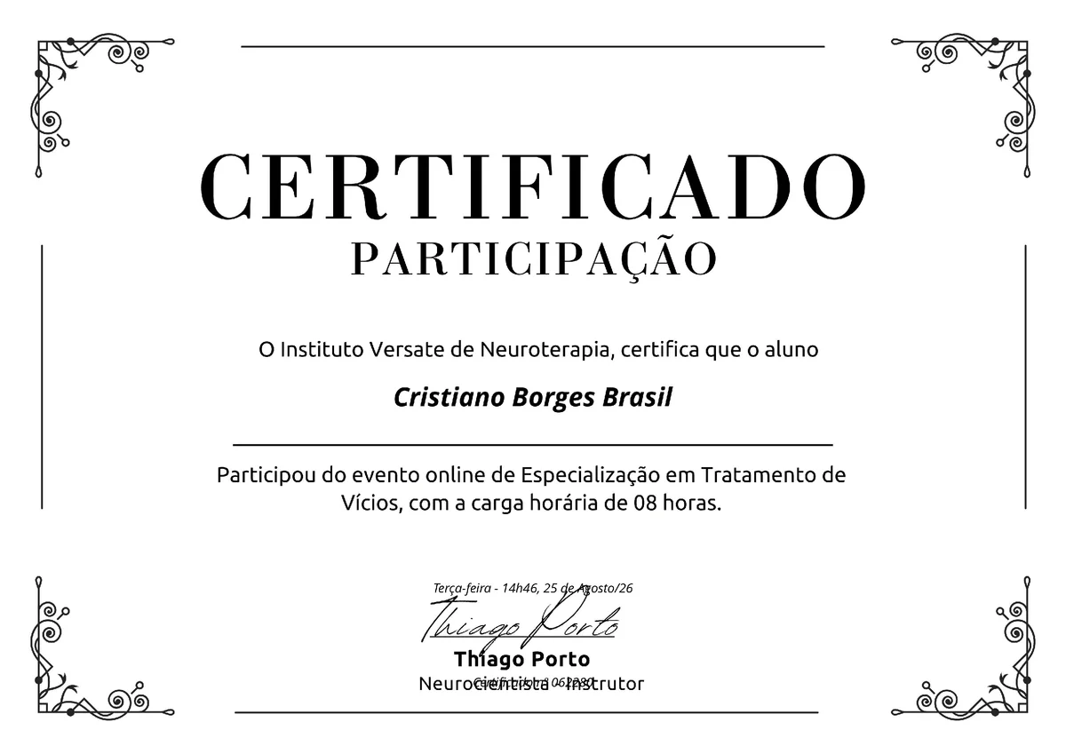 Tratamento de Vícios - Thiago Porto - certificado de Cristiano Brasil