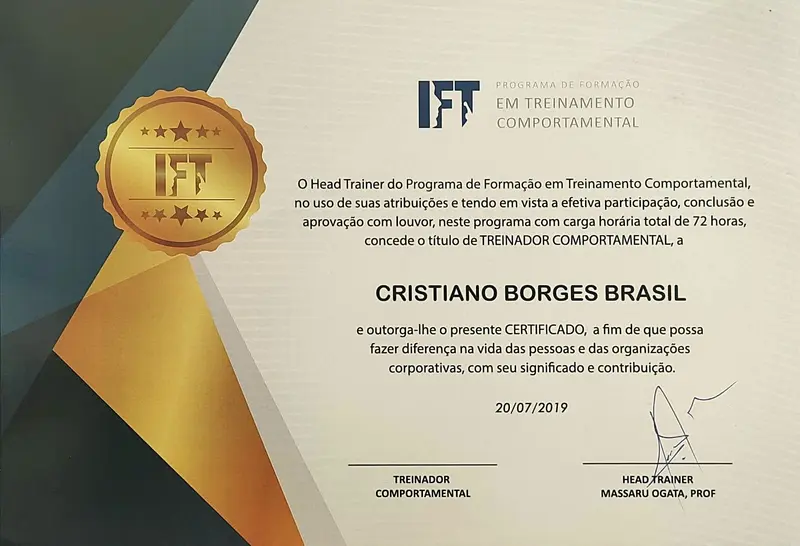 Treinador Comportamental - IFT - Massaru Ogata - certificado de Cristiano Brasil